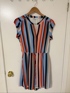 Marshalls Striped Dress in Navy, Coral, Light Blue & White